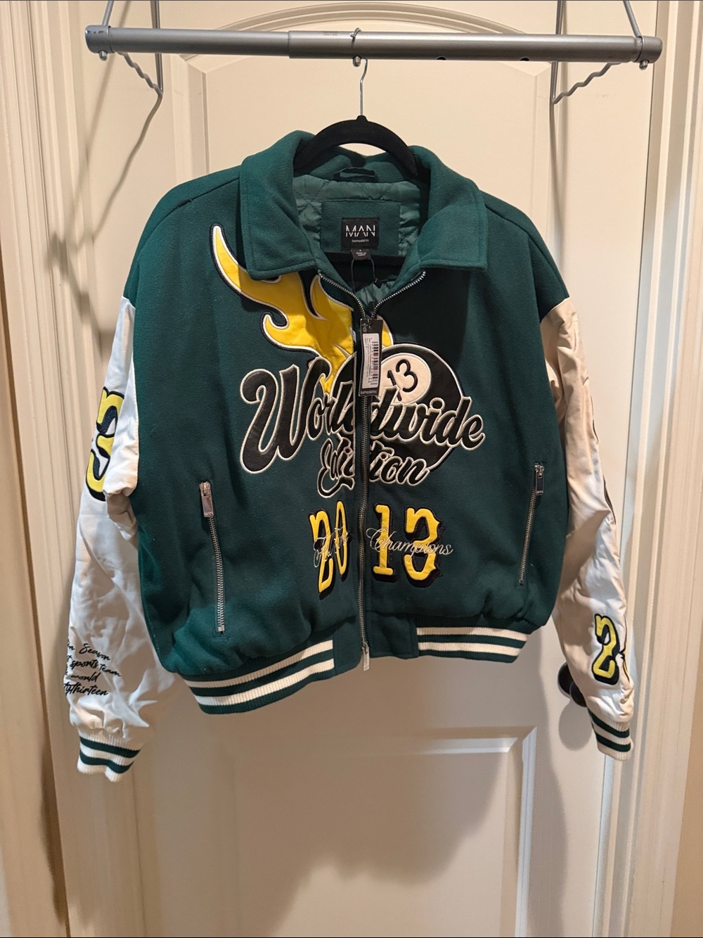 Boohoo Green and White Embroidered Varsity Bomber Jacket